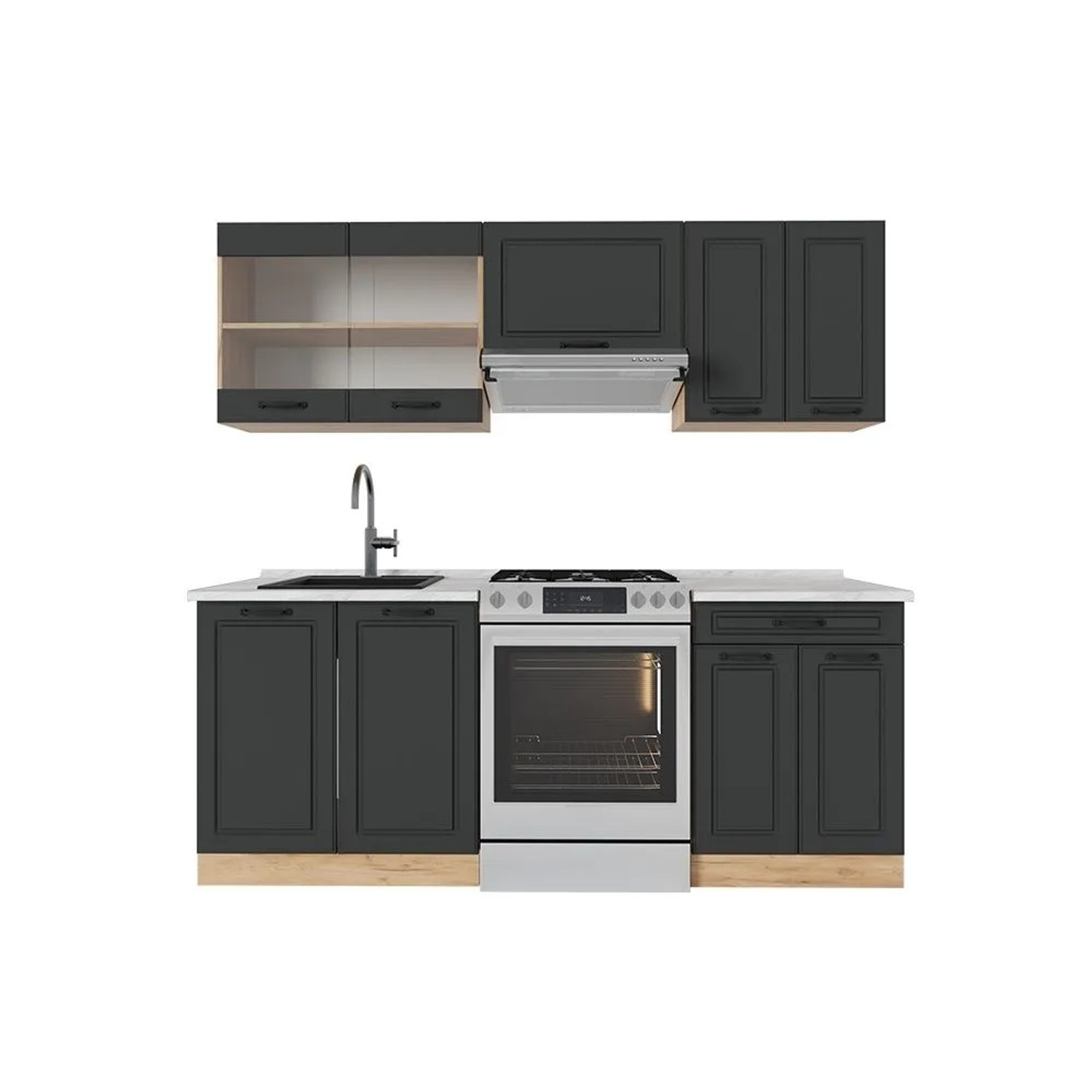 Vicco R-Line Küchenzeile Anthrazit Landhaus Goldkraft Eiche 200 cm AP Marmor ohne E-Geräte