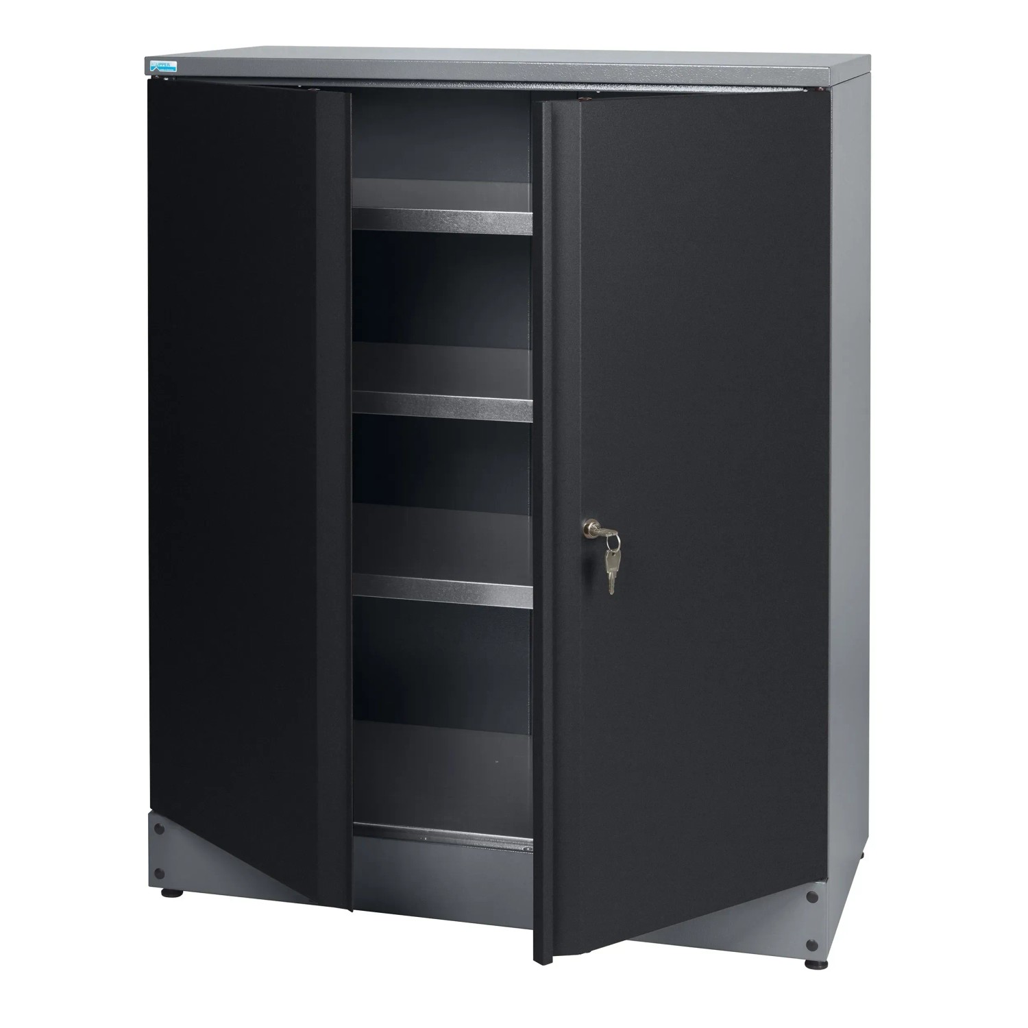 Küpper Hochschrank, schwarz, mit geöffneten Türen und 3 Fachböden. Werkzeugschrank mit Schlüssel.