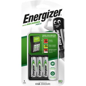 Energizer Ladegerät Maxi mit 4 AA 2000mAh Akkus, ideal für schnelles Aufladen von NiMH-Akkus.