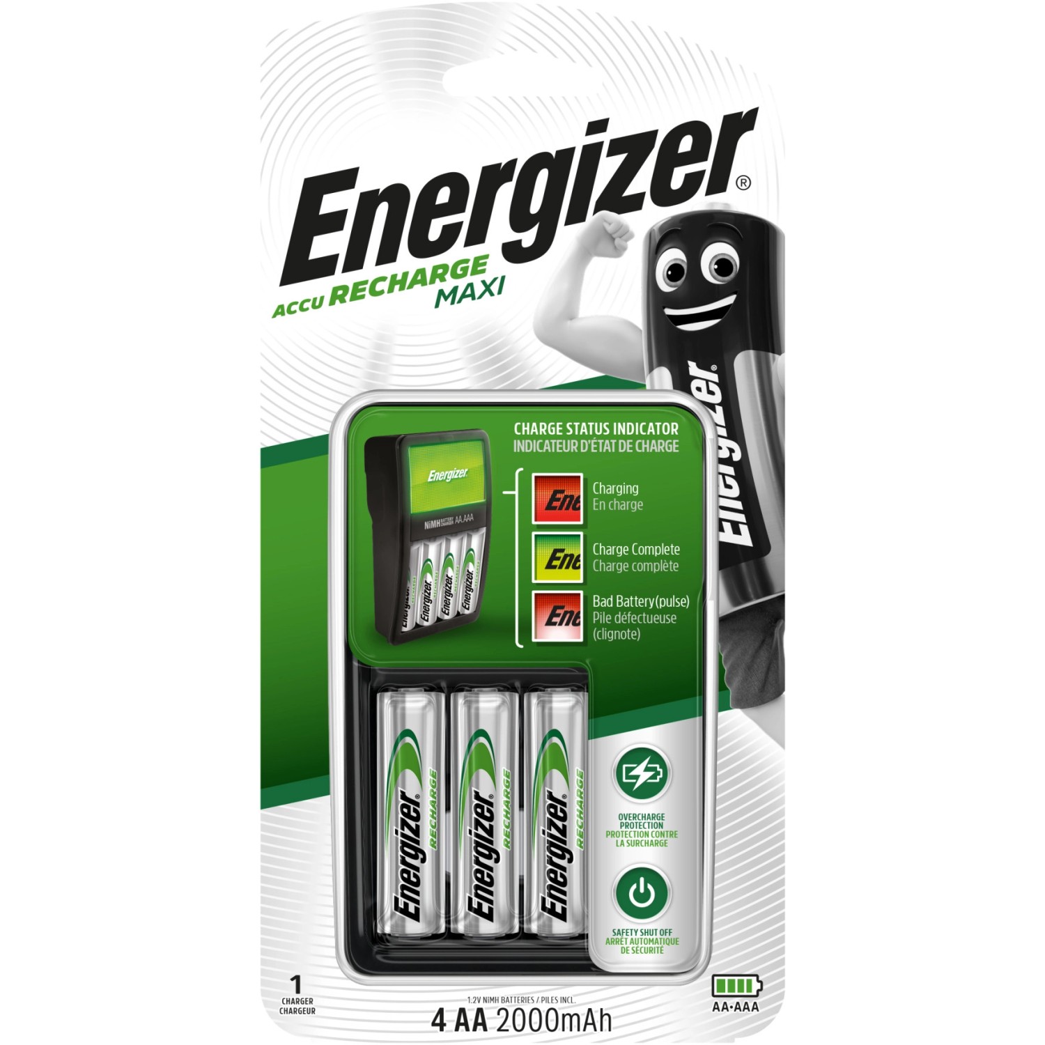 Energizer Ladegerät Maxi mit 4 AA 2000mAh Akkus, ideal für schnelles Aufladen von NiMH-Akkus.