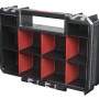 Schwarzer PROREGAL QBRICK Werkzeugkoffer mit Fächern, Tragegriff und transparentem Deckel.
