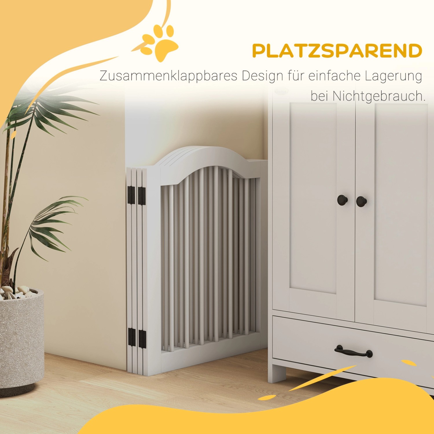 PawHut Absperrgitter, weiß, mit 4 Paneelen und Stützfüßen, ideal als Hundeklappe und Treppenschutz.