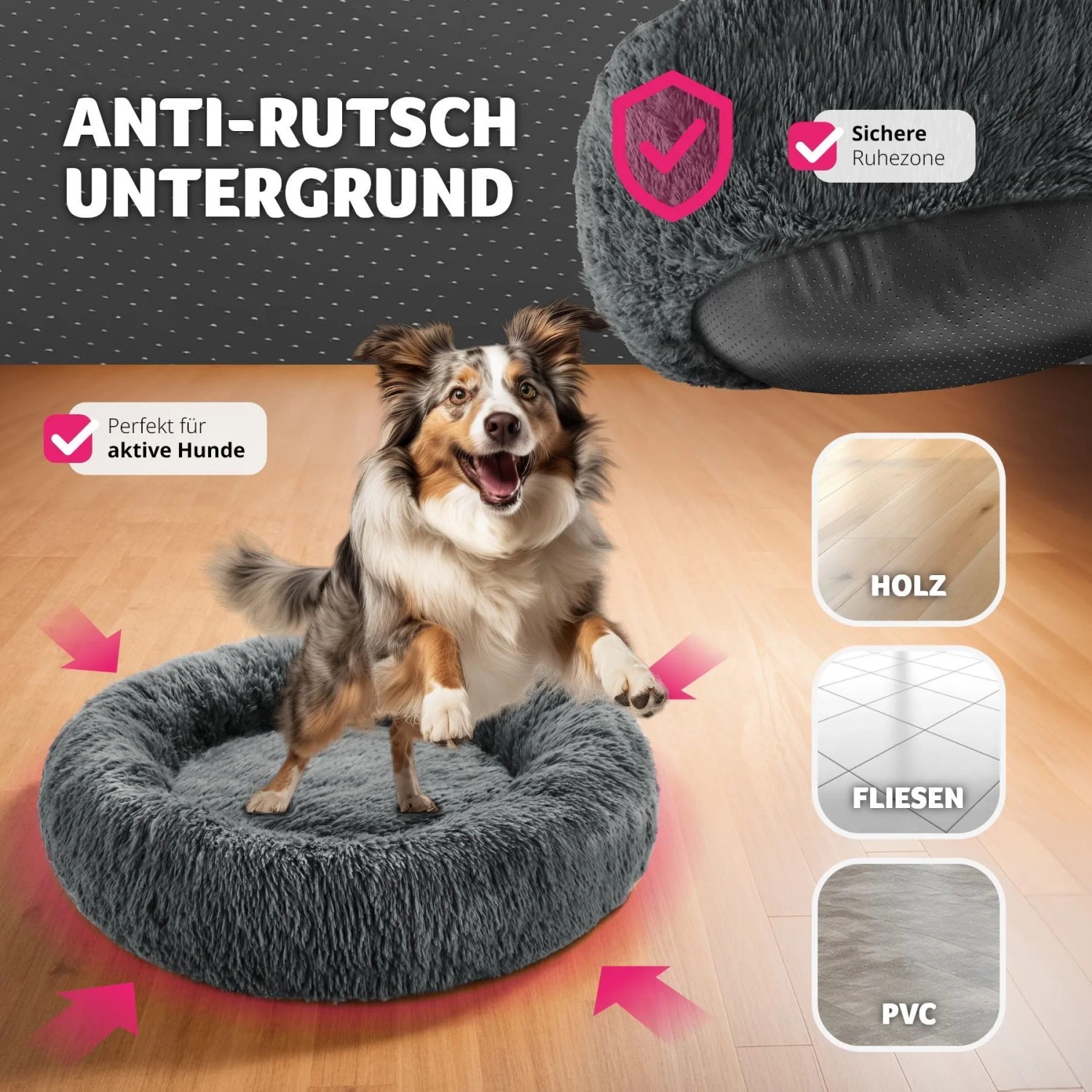 Graues, rundes Tectake Hundebett Maja mit Plüsch und erhöhtem Rand.
