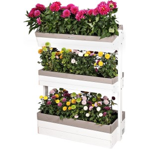WONDERMAKE Vertikalbeet Planverto1 mit 3 Etagen, bepflanzt mit bunten Blumen.