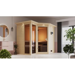 Karibu Sauna Amalia mit Bio-Ofen und LED-Dachkranz aus naturbelassener Fichte.