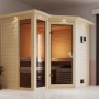 Karibu Sauna Amalia mit Bio-Ofen und LED-Dachkranz aus naturbelassener Fichte.