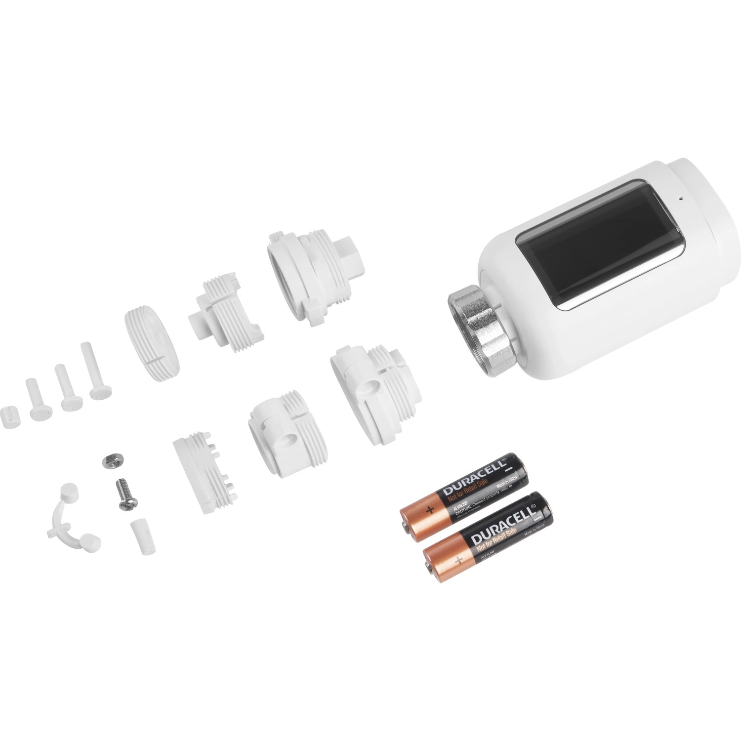 Elektrisches Thermostatventil HeimSync Bluetooth mit Zubehör und Batterien.