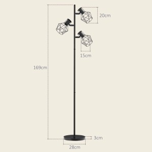 HOMCOM Stehlampe schwarz, Metall, 3 verstellbare E27 Leuchten mit Gitterkäfigen, 169cm hoch. Moderne Innenleuchte.