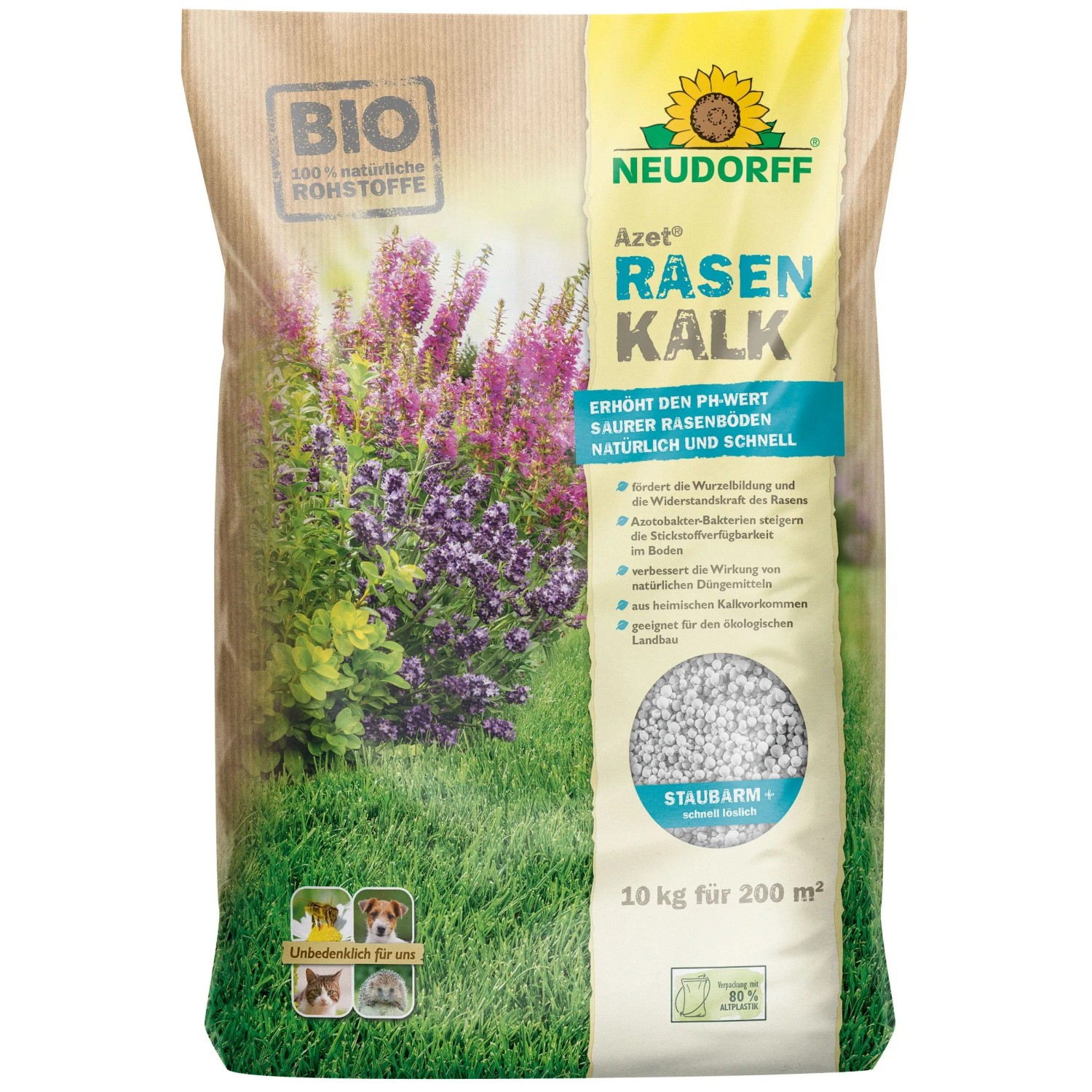 Neudorff Azet Rasen Kalk 10 kg Beutel. Erhöht pH-Wert saurer Rasenböden, beugt Moos vor. Für kräftigen Rasen. Staubarm.