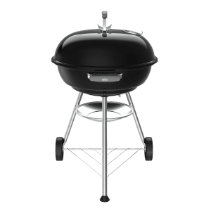 Schwarzer Weber Holzkohlegrill Compact Kettle 57 cm mit Deckel und Ascheauffangschale.