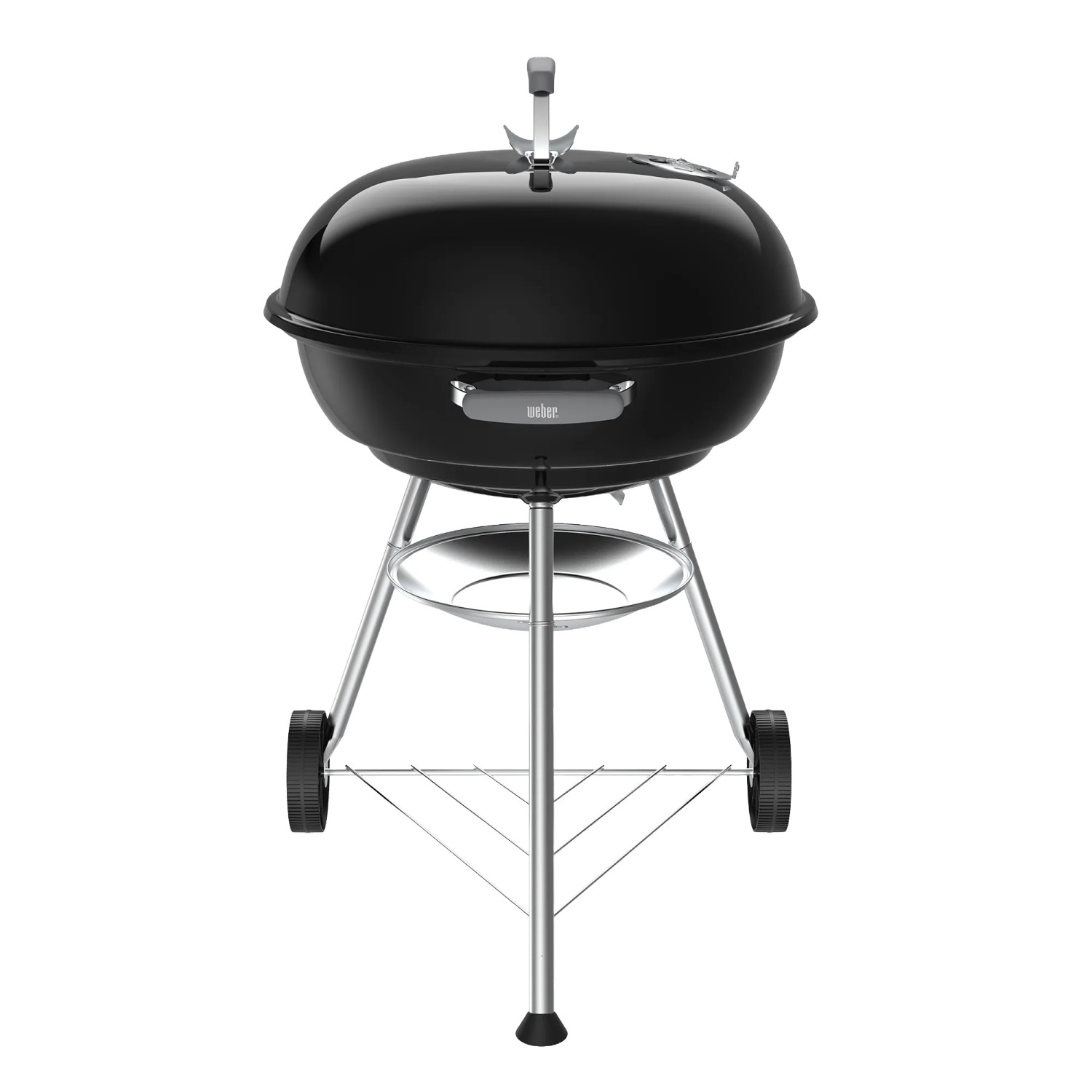 Schwarzer Weber Compact Kettle Holzkohlegrill, 57 cm, mit Deckel, Griff und Rädern.