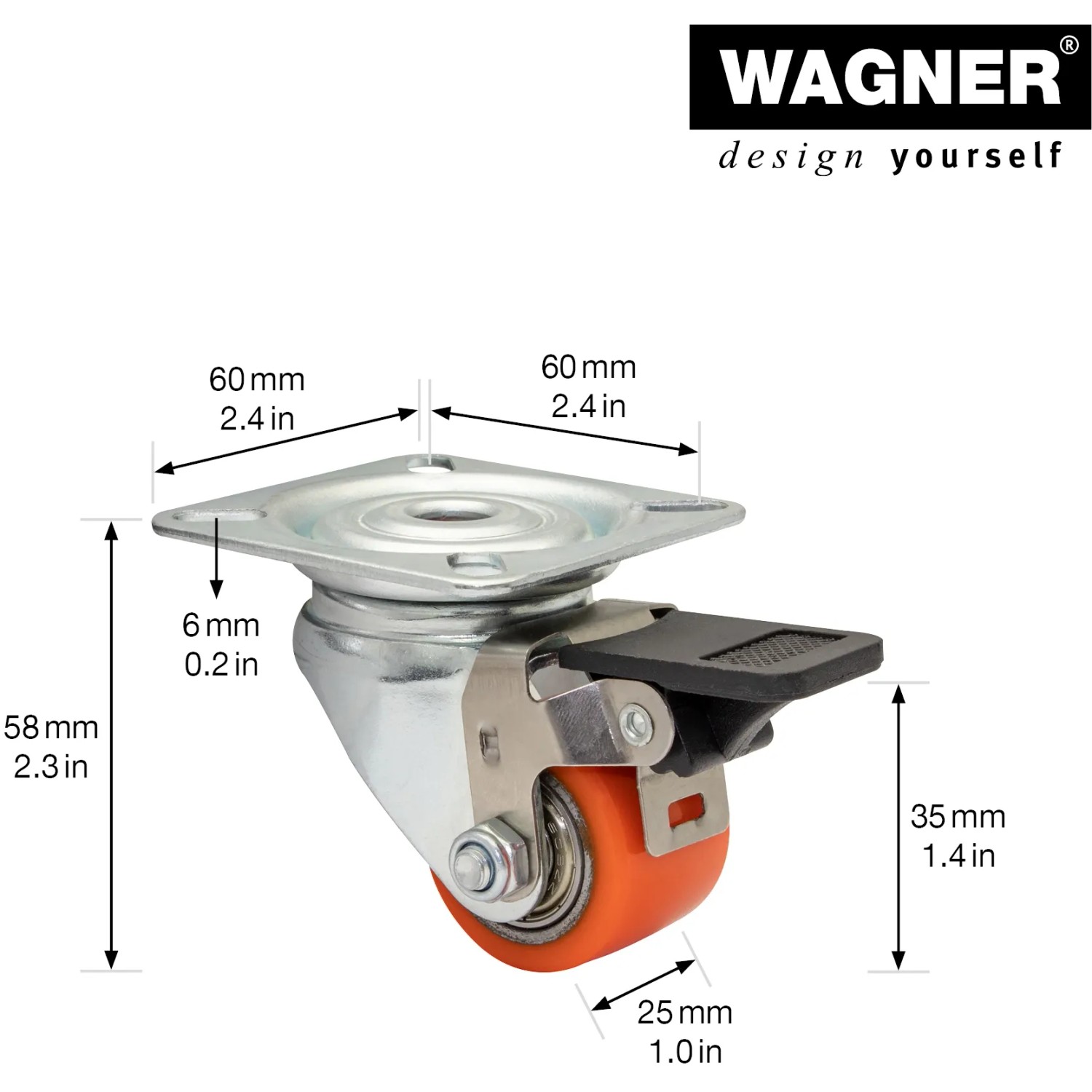 Wagner Lenkrolle Mini mit Feststeller, Ø 3,5cm, 100kg Tragkraft. Rolle für Möbel und Geräte.