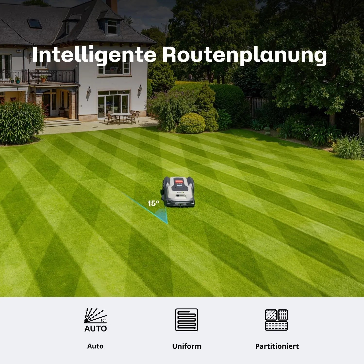 RoboUP T600 Mähroboter mäht Rasen mit intelligenter Routenplanung, zeigt 15° Richtungswechsel für präzises Mähen.