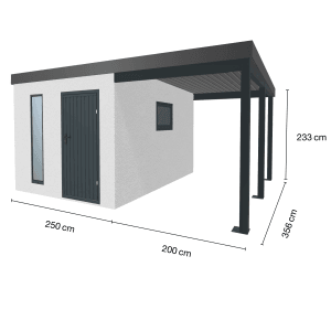 Weißes Amazing Spaces Gartenhaus Urban One Typ 7 mit Überdachung rechts, 250x356 cm.