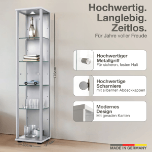 Silberne Glasvitrine mit LED-Beleuchtung, 176 cm hoch, mit vier Glasböden. Made in Germany.