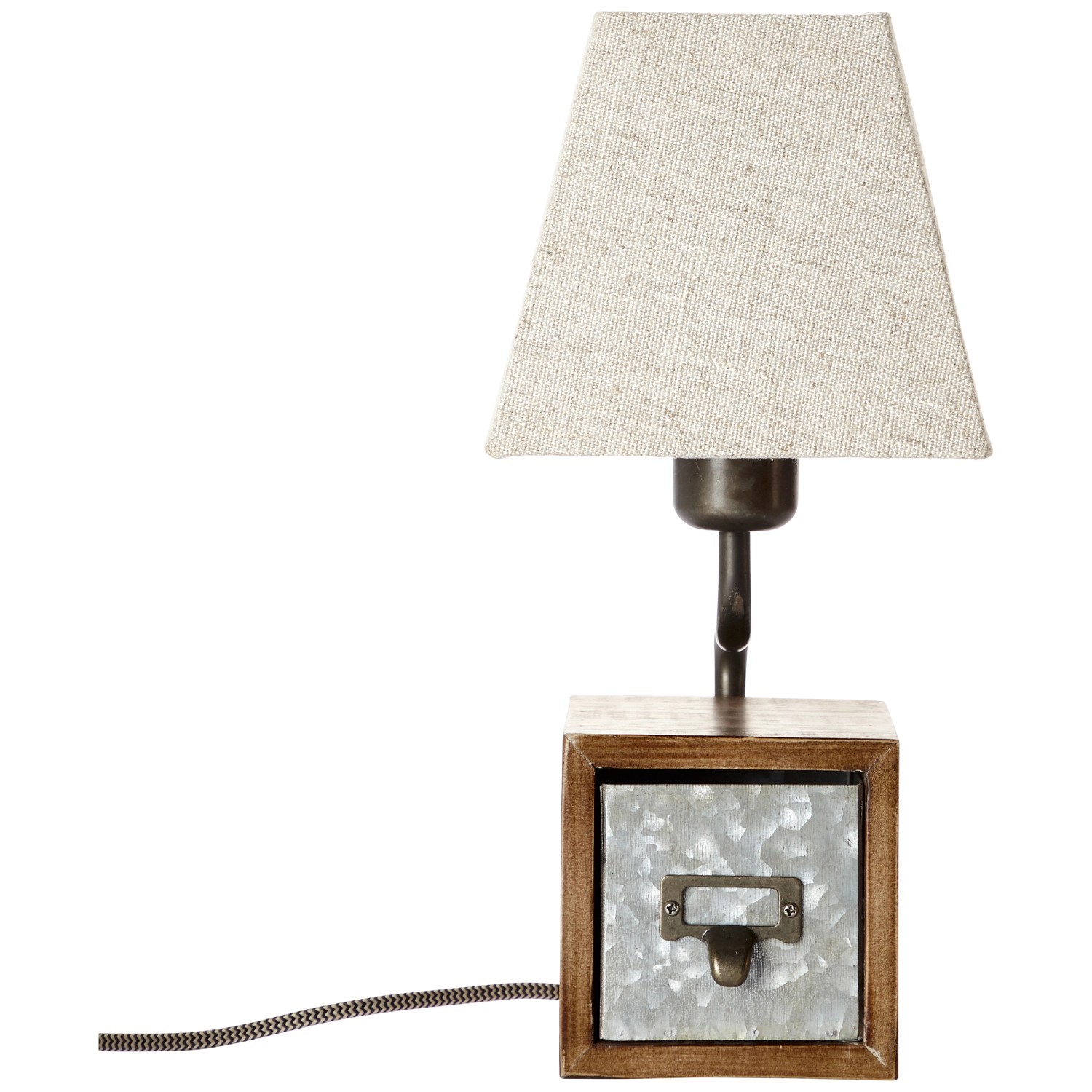 Brilliant Tischleuchte Casket im Antik-Braun Design mit Textilschirm und Schubladen-Optik.