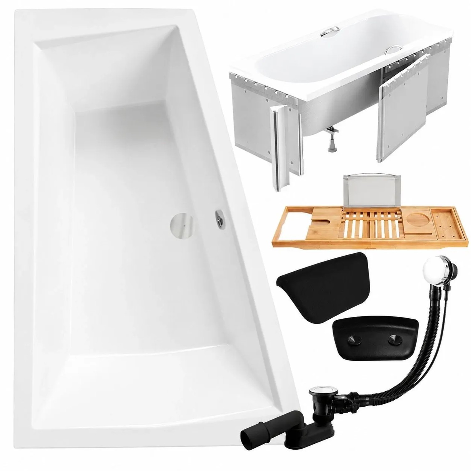 KOLMAN Eckbadewanne Links 170 x 125 cm mit Styroporverkleidung mit Bambus Badewannenablage mit Kopfstütze KODI inkl. Ablauf und Füße