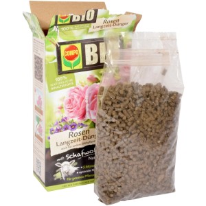 Compo Bio Rosen Langzeit-Dünger mit Schafwolle, 750g Packung und Pellets im Beutel.