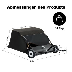 Wiltec Rasenkehrmaschine, schwarz, mit angezeigten Abmessungen und 34.2kg Gewicht. Laubsammler für Aufsitzmäher.
