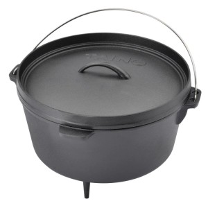 Schwarzer TAINO Gusseisen Dutch Oven 8L mit Deckel, Henkel und Standfüßen für Grillzubehör und Outdoor-Kochen.