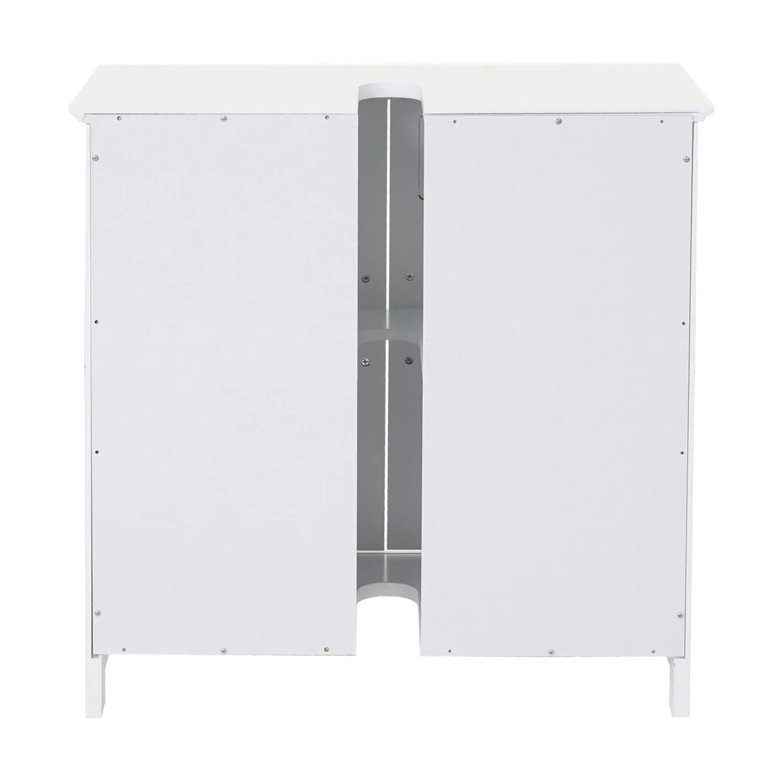Weißer MCW Waschbeckenunterschrank A85, Rückansicht mit Aussparung für Siphon. Badmöbel aus MDF.