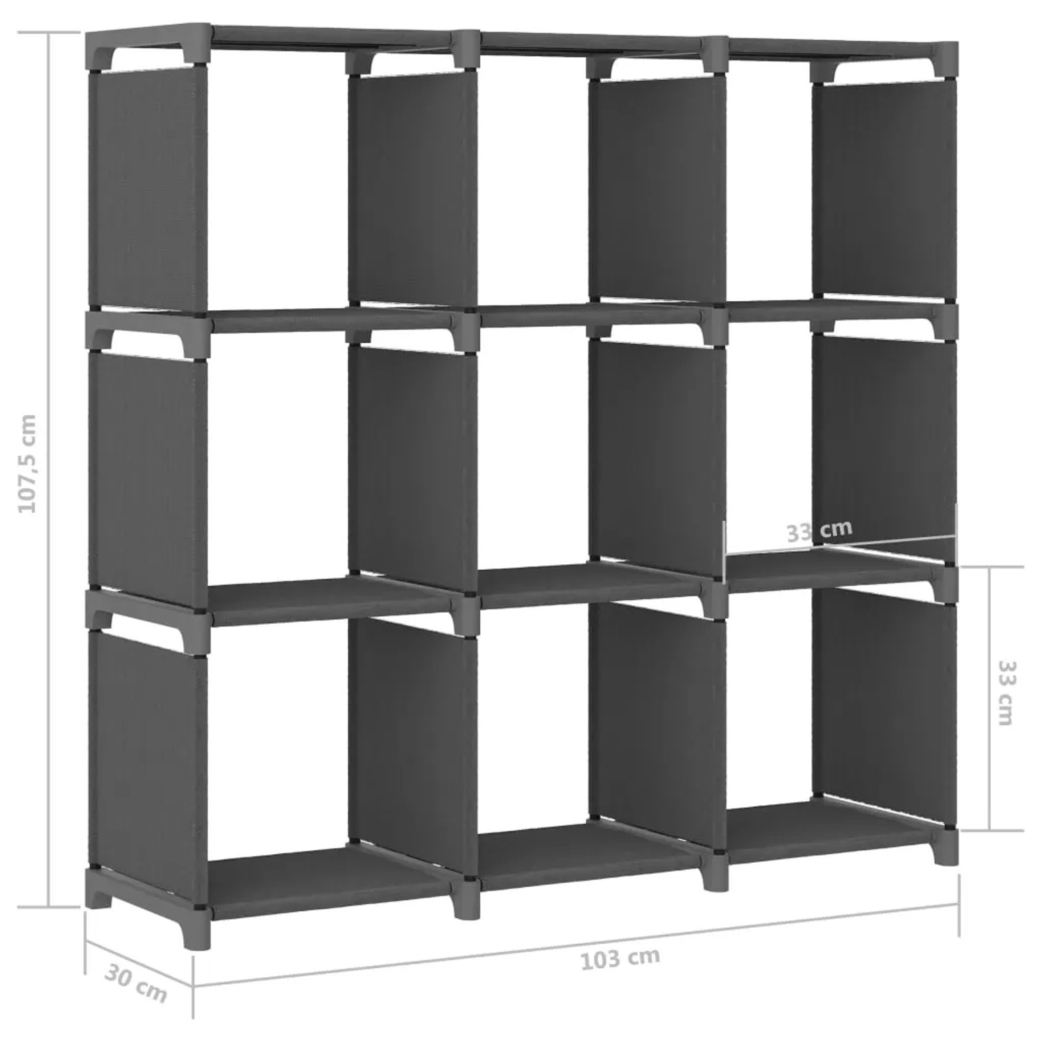 Graues Würfel-Regal mit 9 Fächern, Stoffbezug, 103x30x107,5 cm, ideal als Wandregal.