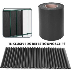 Anthrazitfarbene KARAT PVC Sichtschutzstreifen (19cm x 35m) mit Befestigungsclips für Gartenzäune.