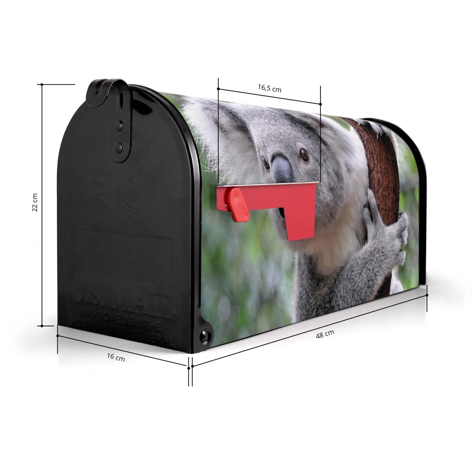 Schwarzer US Briefkasten mit Koala Motiv. Amerikanischer Postkasten aus Stahl, 48x22x16cm.