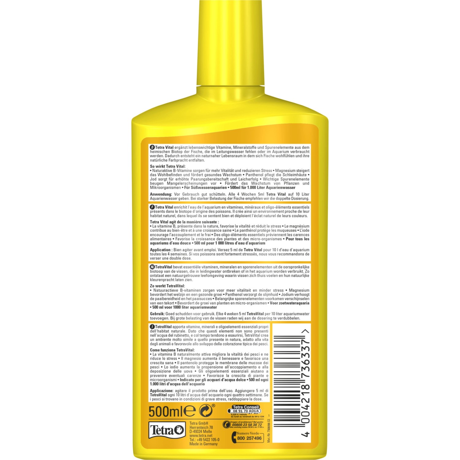 TetraVital Wasserpflegemittel 500ml für Aquarien, gelbe Flasche.