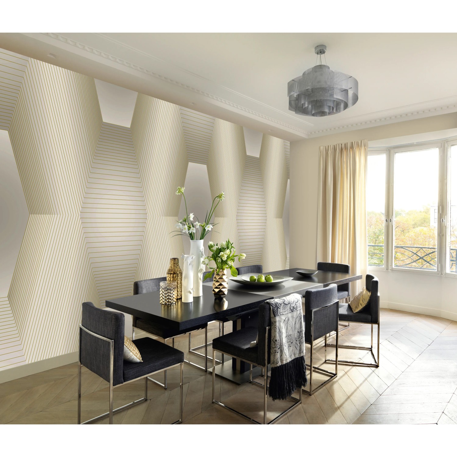 Erismann Fototapete Orion Weiß im Esszimmer mit modernem 3D-Design und Metallic-Akzenten.