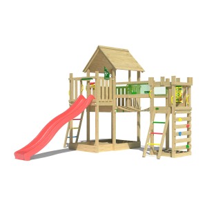 Jungle Gym Spielturm Lookout mit roter Rutsche, Wackelbrücke und Kletterrampe aus Holz.