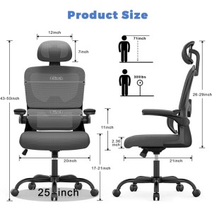 Ergonomischer Drehstuhl Schwarz/Dunkelgrau mit Wippfunktion, Kopf- & Klapparmlehnen. Maße und Höhenverstellung des Bürostuhls.