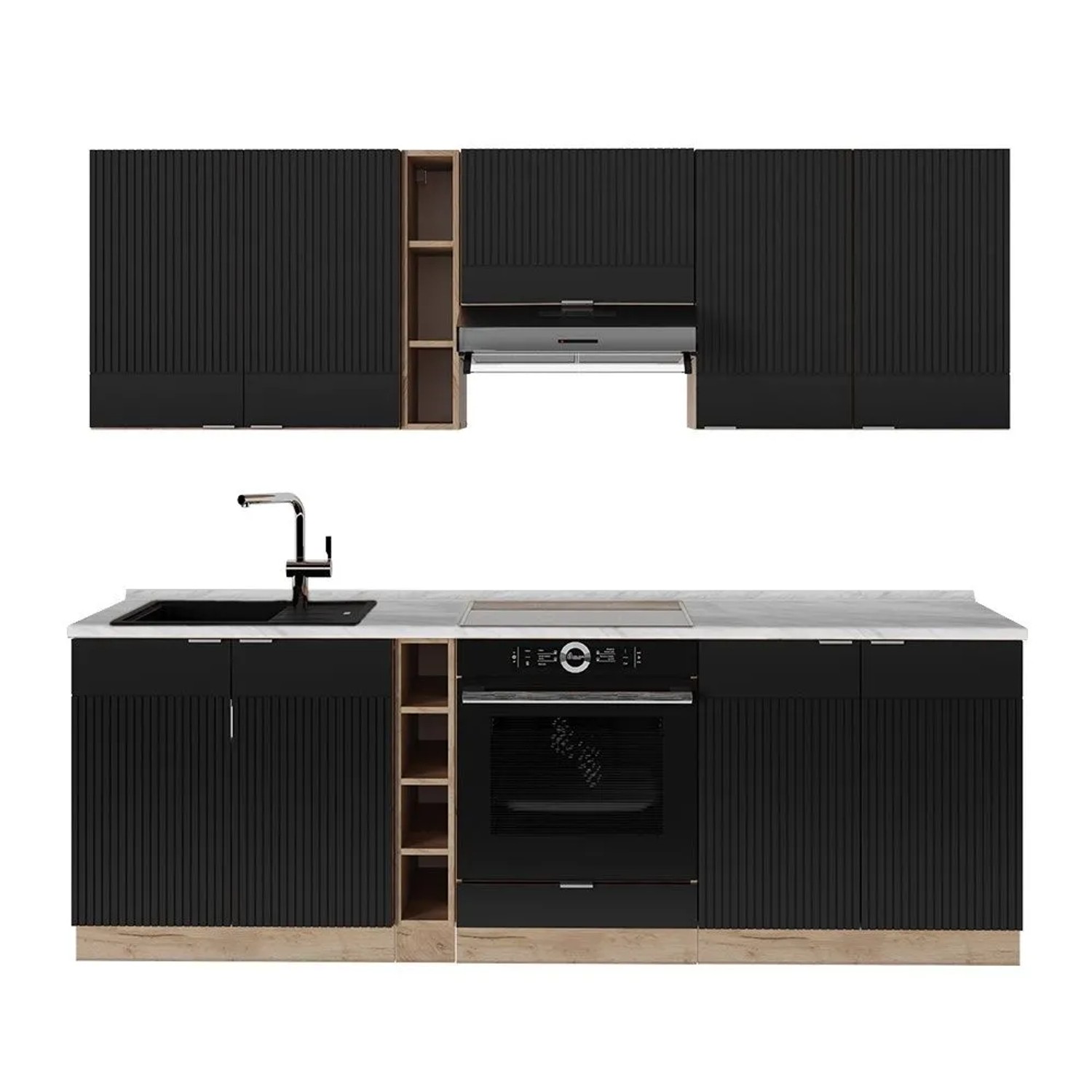 Vicco Fame-Line Küchenzeile Schwarz Gestreift Goldkraft Eiche 235 cm AP Marmor ohne E-Geräte