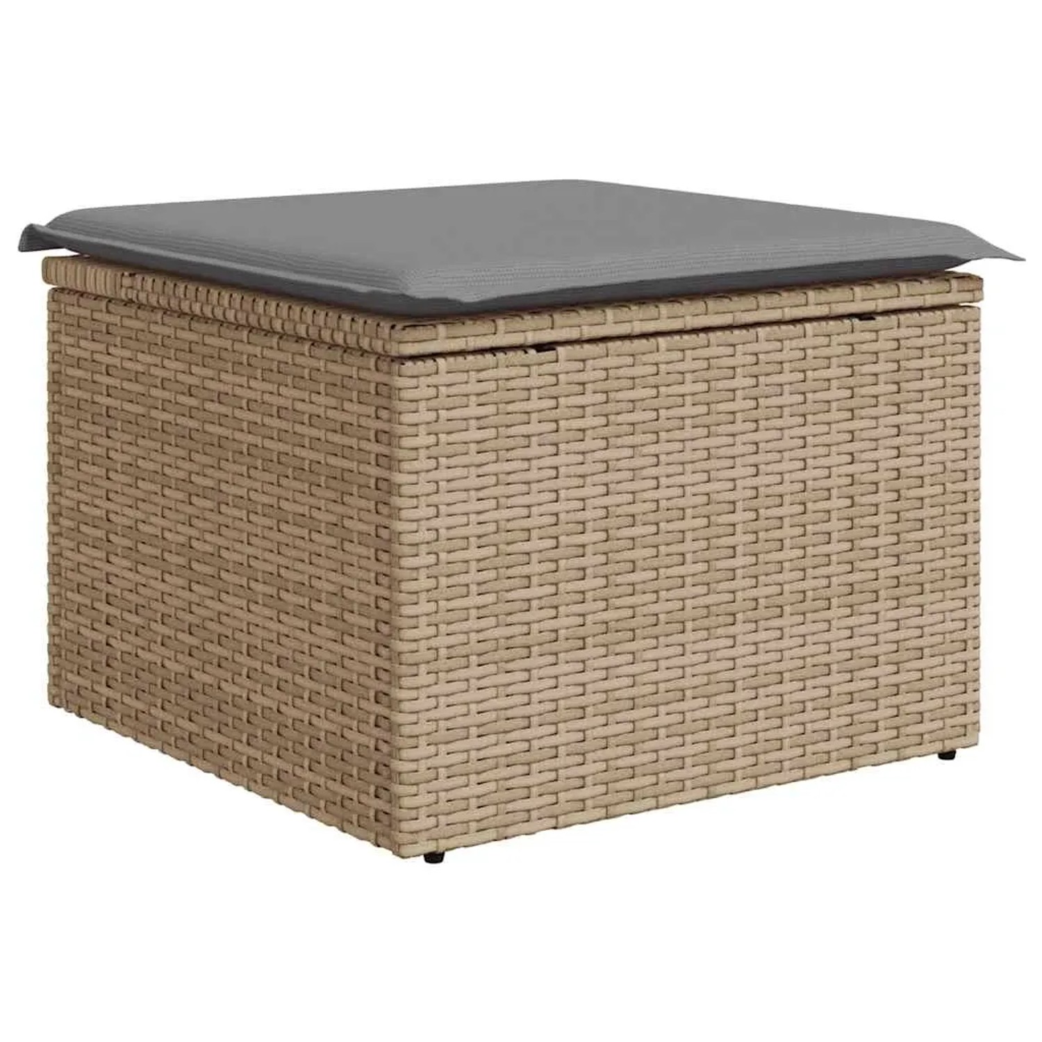 Beiger Garten-Fußhocker aus Rattan mit grauem Kissen, Teil der vidaXL Sofagarnitur.