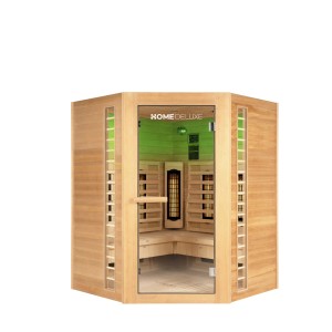 Redsun Deluxe Infrarotkabine XXL aus Tannenholz mit Glasfront und Innenansicht.