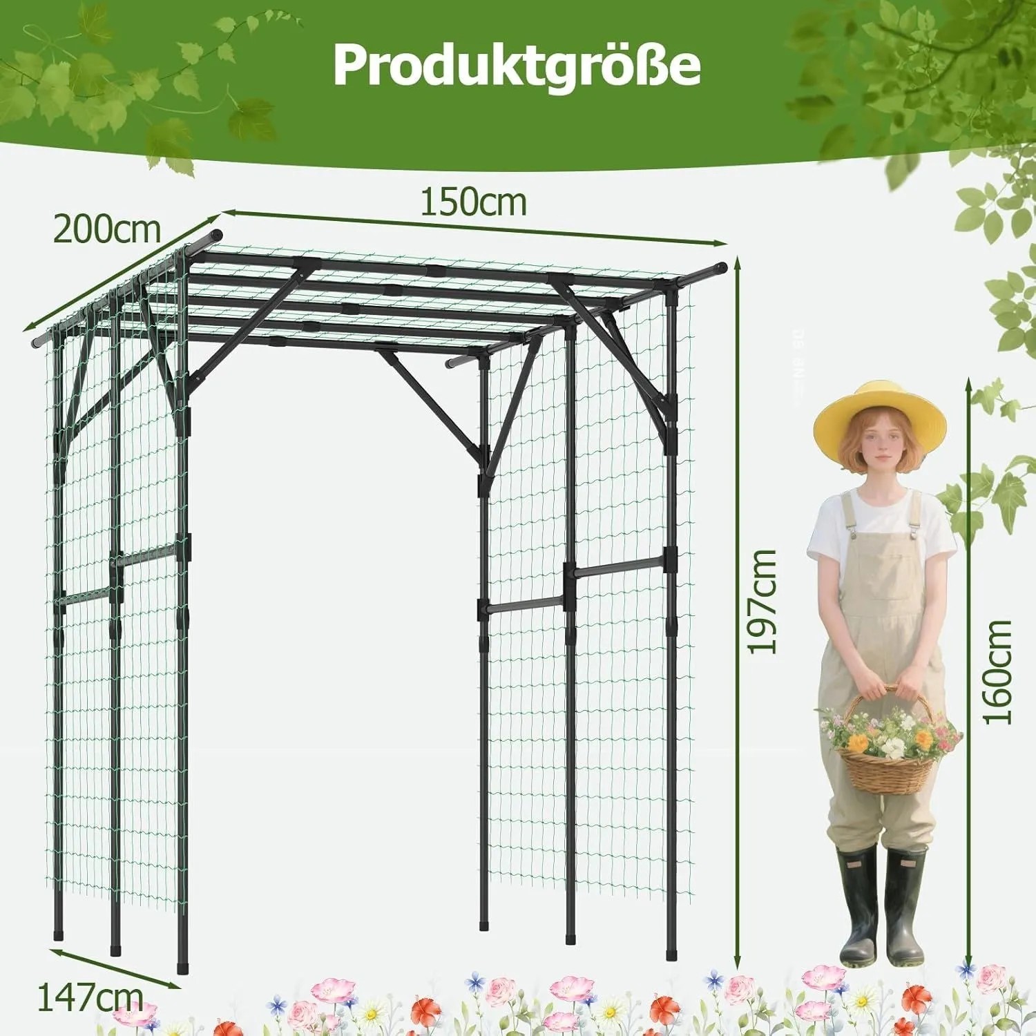 Schwarzes Costway Rankgitter für Kletterpflanzen, Maße: 200x150x197 cm. Rankhilfe für Garten.