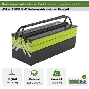 TRUTZHOLM Werkzeugkiste aus Stahl, 5 Fächer, klappbarer Griff, grau/grün.