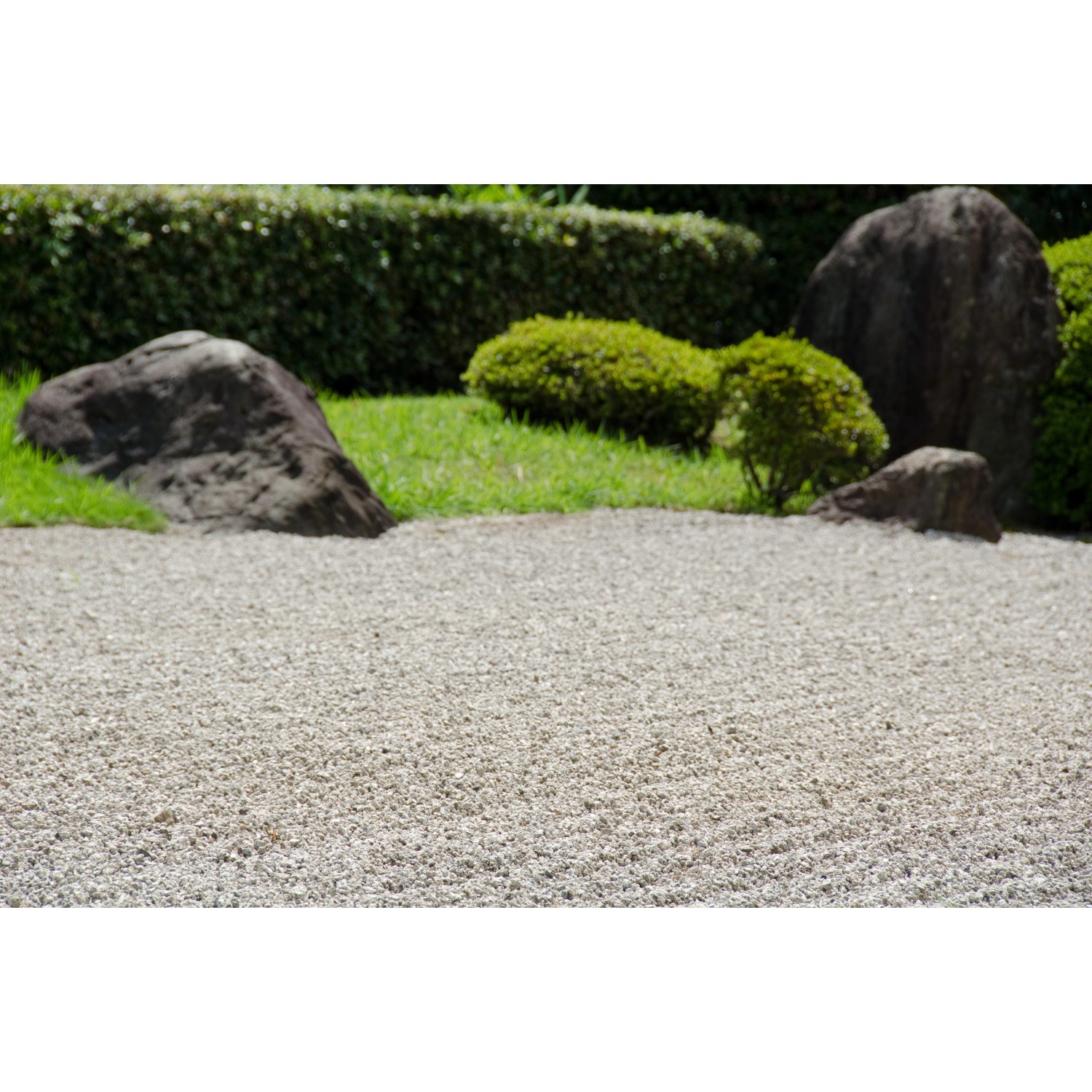 Bunter Quarzkies (6-8 mm) als Zierkies im Garten, mit Steinen und Pflanzen dekoriert.