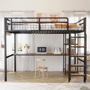 KOMHTOM Hochbett 140 x 200 Cm  Sicherheitsleiter Mit Treppe  Kinderbett Mit Tisch Und Ablage  Jugendbett/Erwachsenenbett  Schwarz