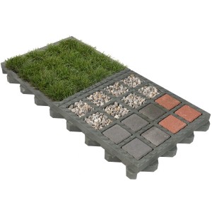 HL Drainpflaster Füllstein steingrau im Rasengitter mit Rasen, Kies und Pflastersteinen.