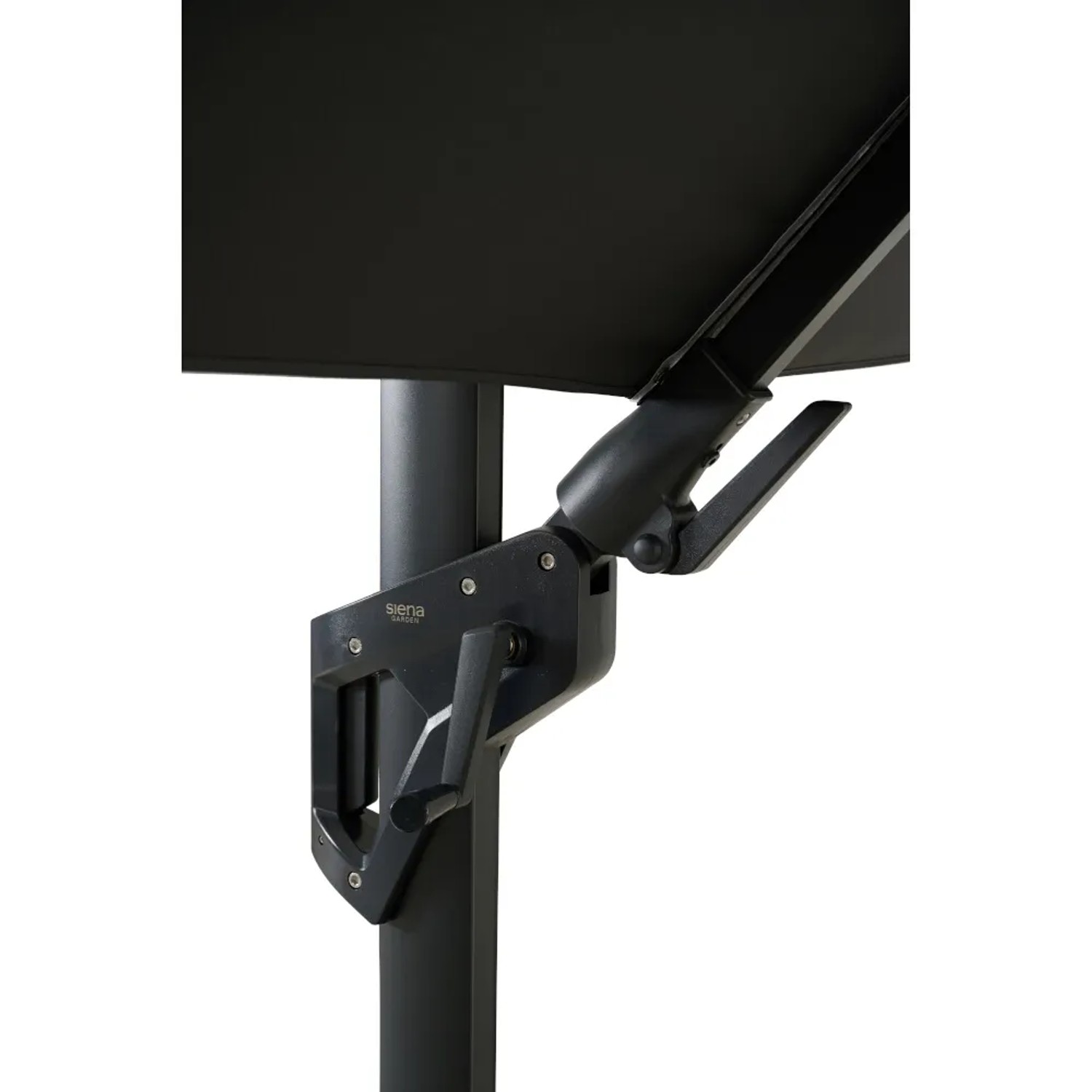 Detailaufnahme: Anthrazitfarbener Siena Garden Ampelschirm mit Dreh- und Neigungsfunktion.