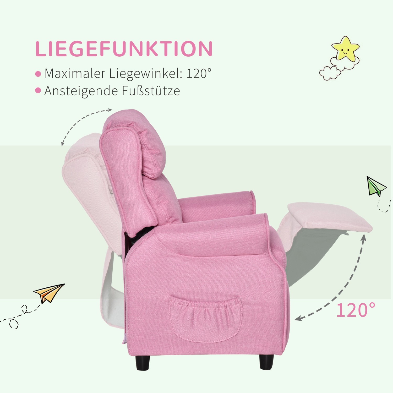 Verstellbares Kindersofa in Rosa mit Fußstütze von HOMCOM. Bequemer Sessel für Kinder.