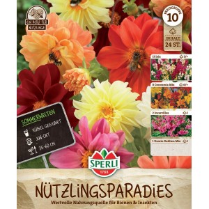 Sperli Blumenzwiebeln Maxi Pack Nützlingsparadies mit bunten Dahlien und Incarvillea.