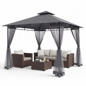 Grauer 3x3m Pavillon mit Doppeldach und Moskitonetzen. Wasserdichter, windfester Sonnenschutz für Garten & Terrasse.
