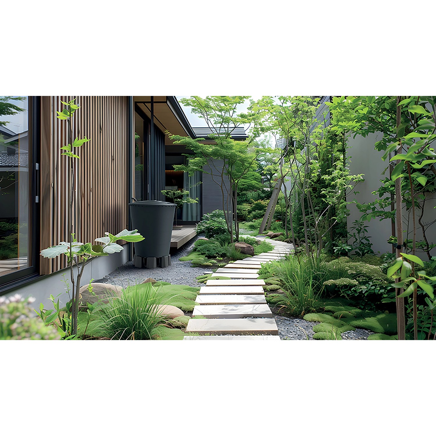 Graue Waterform Regentonne Smooth 510 l im Garten neben einem Haus.