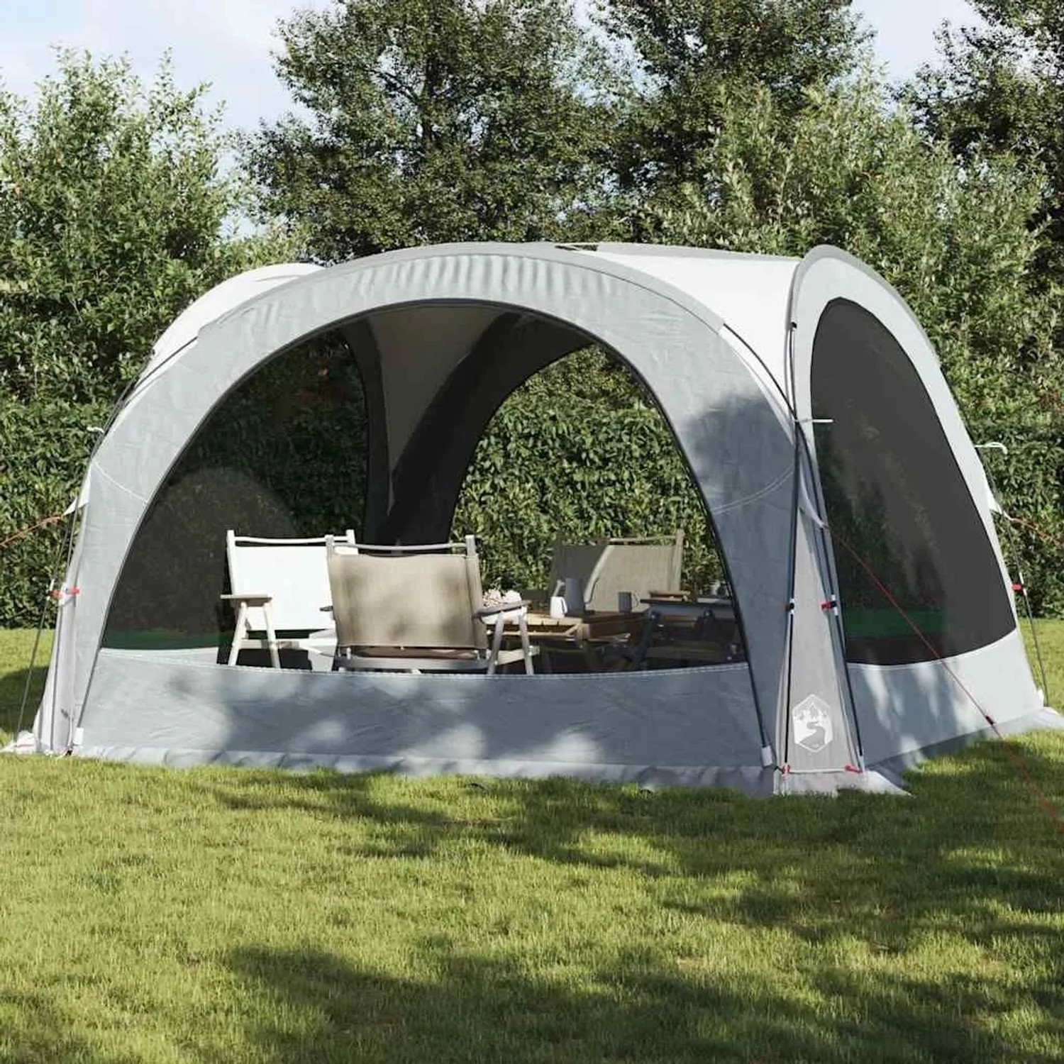 Weißes vidaXL Partyzelt mit Netzseiten auf grünem Rasen. Wasserdichter Pavillon für Garten und Outdoor-Feiern mit Insektenschutz.