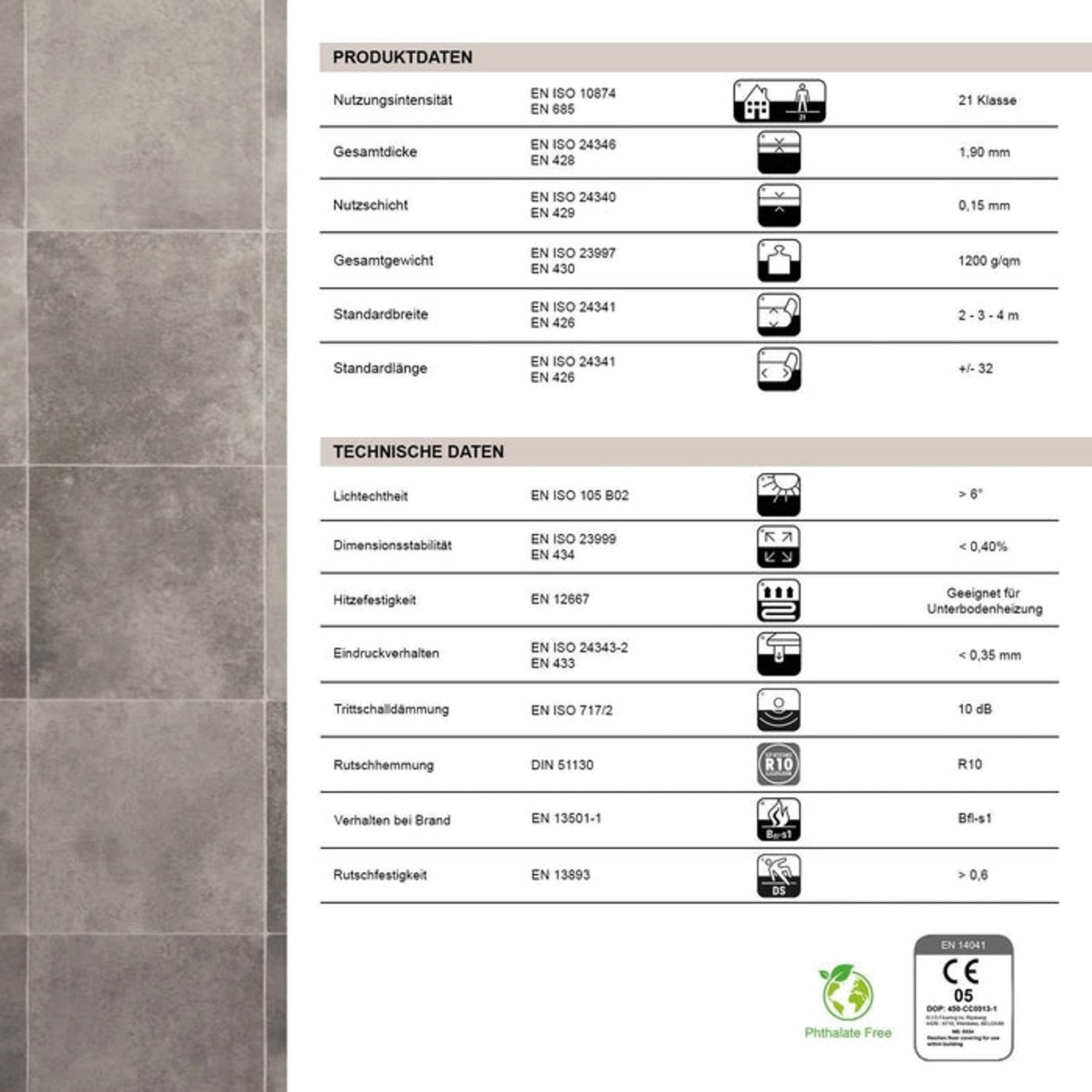 Karat CV Boden Atlantic Zala 997M, PVC-Boden in Fliesenoptik, Textilrücken, abriebfest, 200x300 cm.