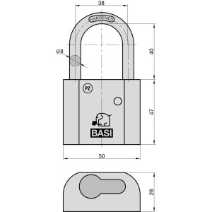 Technische Zeichnung Basi Vorhangschloss PZ 40mm für Profil-Halbzylinder, Messinggehäuse, gehärteter Stahlbügel.
