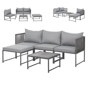 Graue Svita Detroit Polyrattan Gartenlounge mit Tisch und Kissen als modulares Ecksofa.