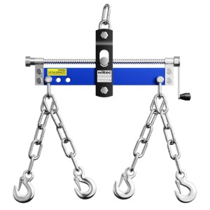 Wiltec Balancierer 750kg aus blauem Stahl für Werkstattkrane, mit Ketten, Haken und Kurbel zum Heben.